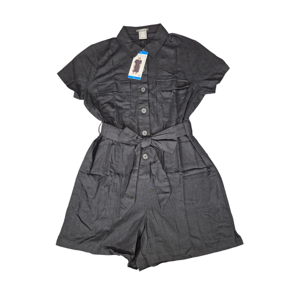 Matty M Womens L Black Linen Blend Button Front Tie Waist Romper MD2200-B110W
